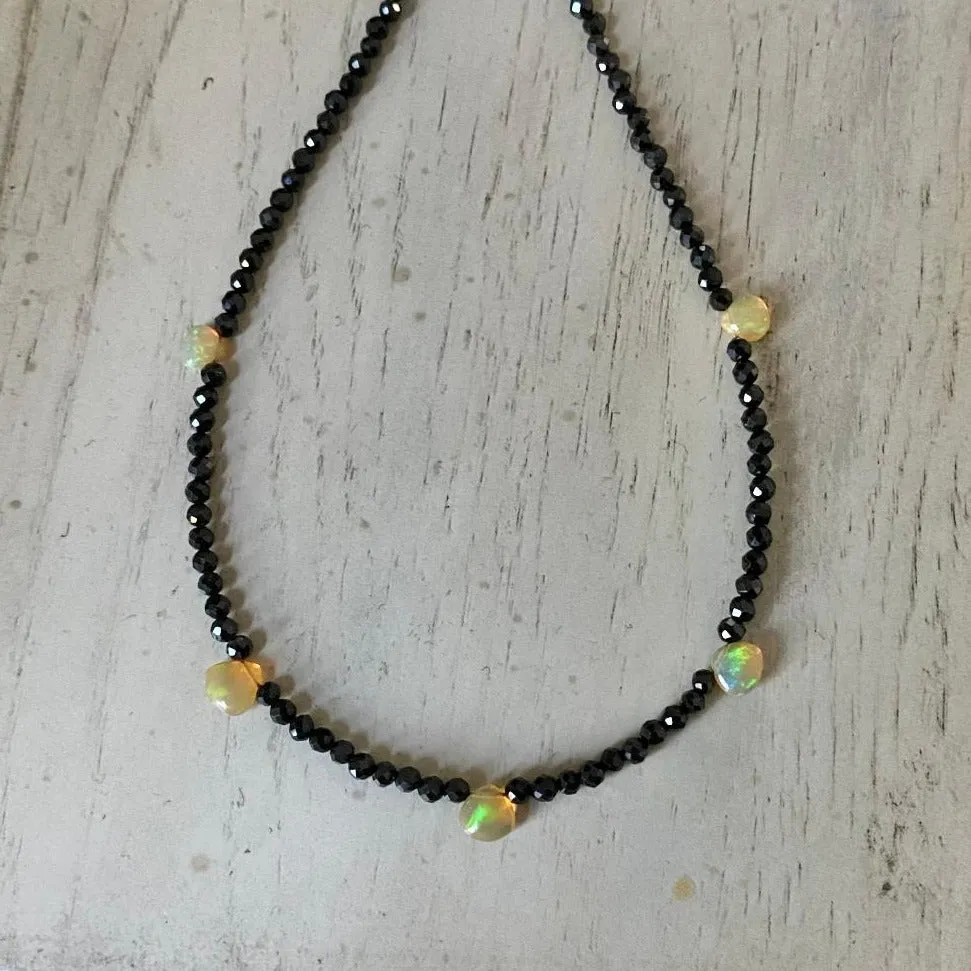 Black Spinel Necklace with Opals