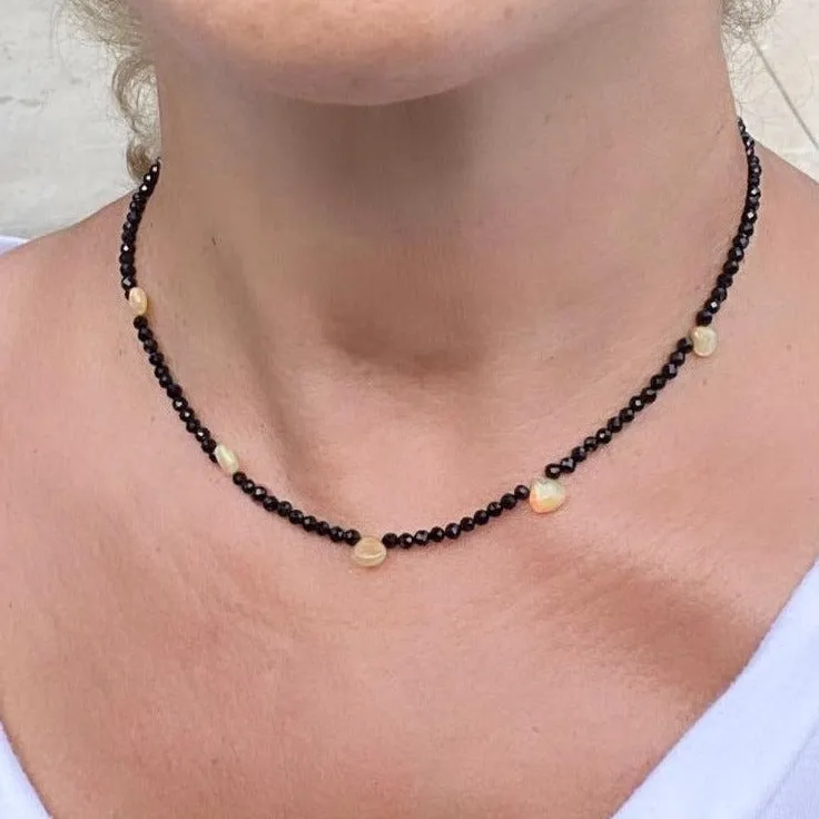 Black Spinel Necklace with Opals