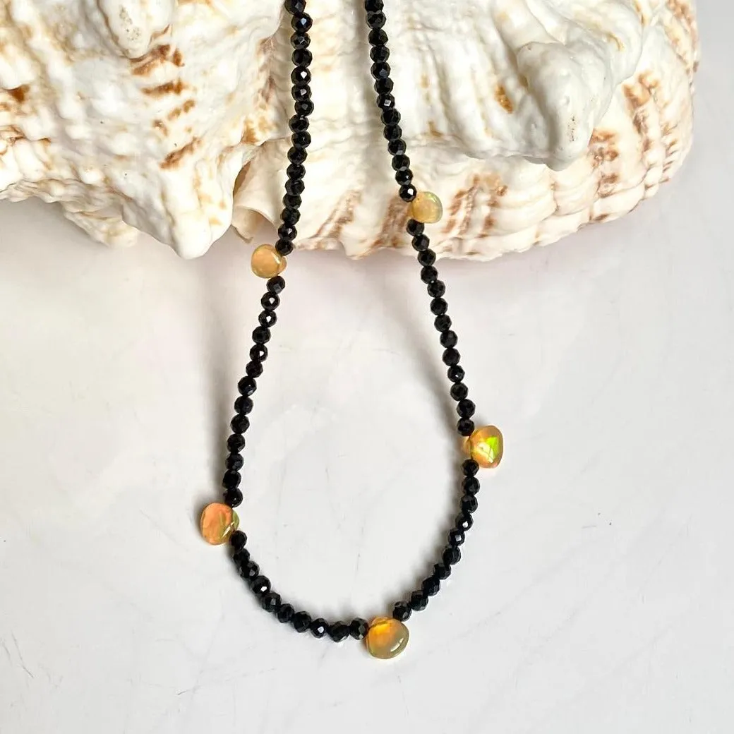 Black Spinel Necklace with Opals