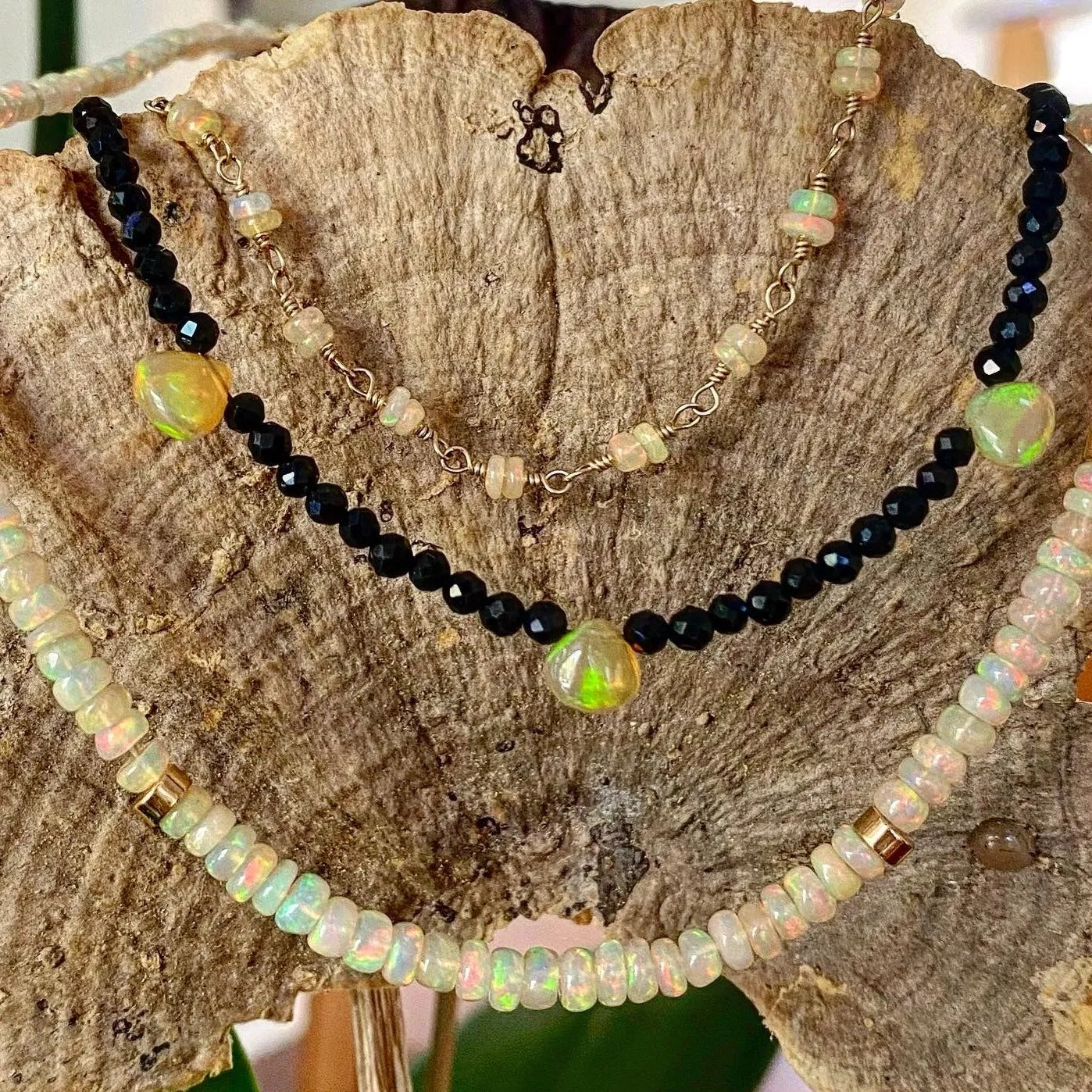 Black Spinel Necklace with Opals