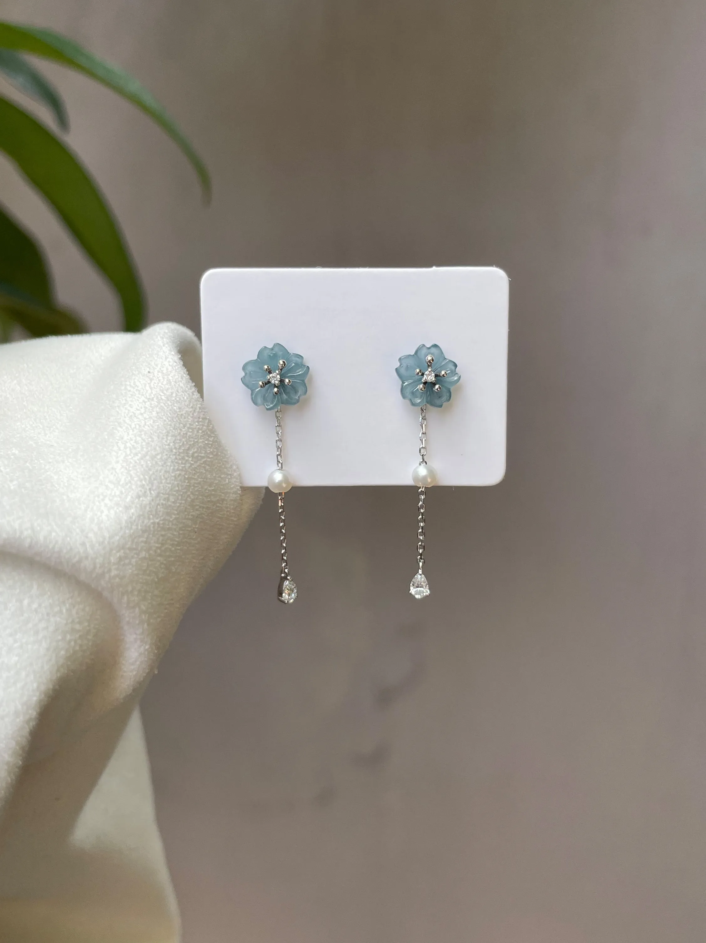 Blue Jade Earrings - Cherry Blossoms (NJE046)