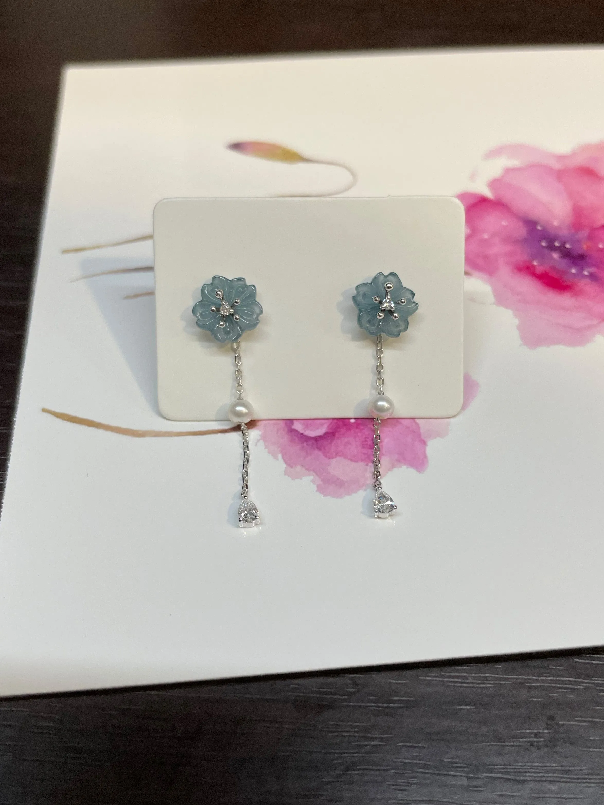 Blue Jade Earrings - Cherry Blossoms (NJE046)