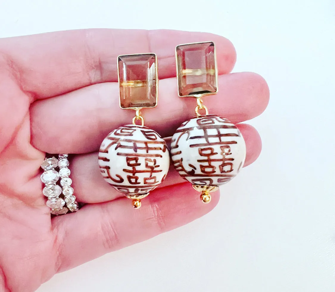Brown Quartz Chinoiserie Double Happiness Earrings