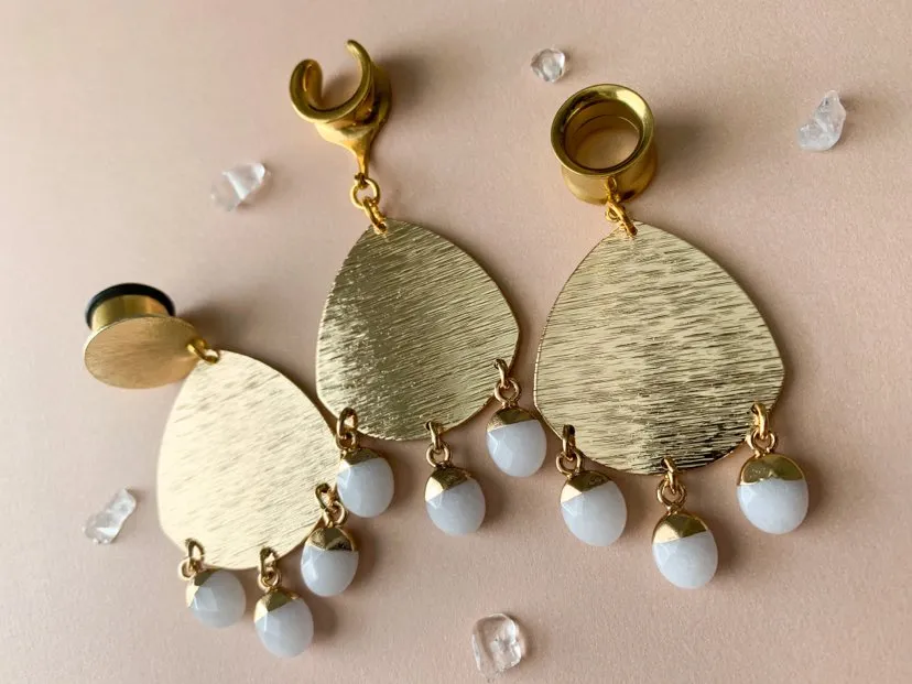 Brushed Gold Dangles With White Jade Drops
