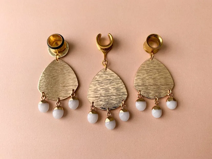 Brushed Gold Dangles With White Jade Drops