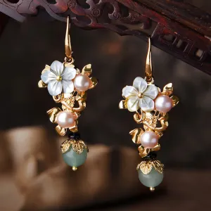 Buddha Stones 14K Gold Plated Tridacna Stone Flower Pearl Green Aventurine Bead Drop Earrings