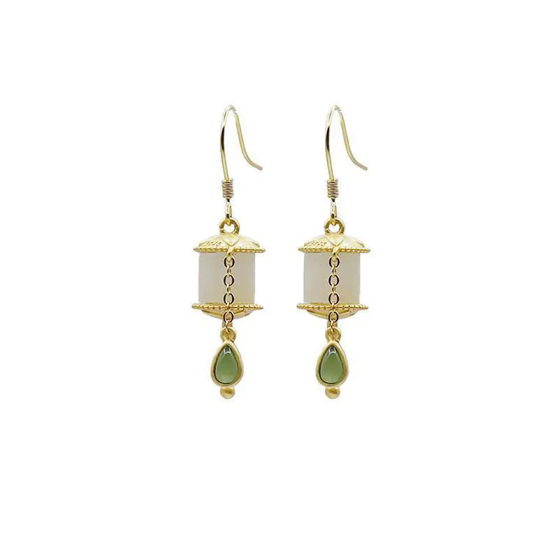 Buddha Stones 925 Sterling Silver Jade Prayer Wheel Luck Drop Earrings