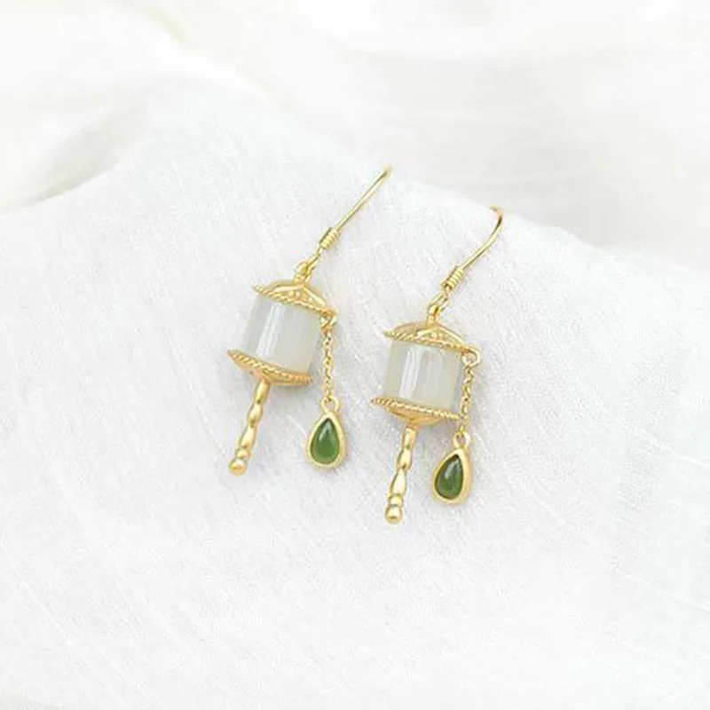 Buddha Stones 925 Sterling Silver Jade Prayer Wheel Luck Drop Earrings
