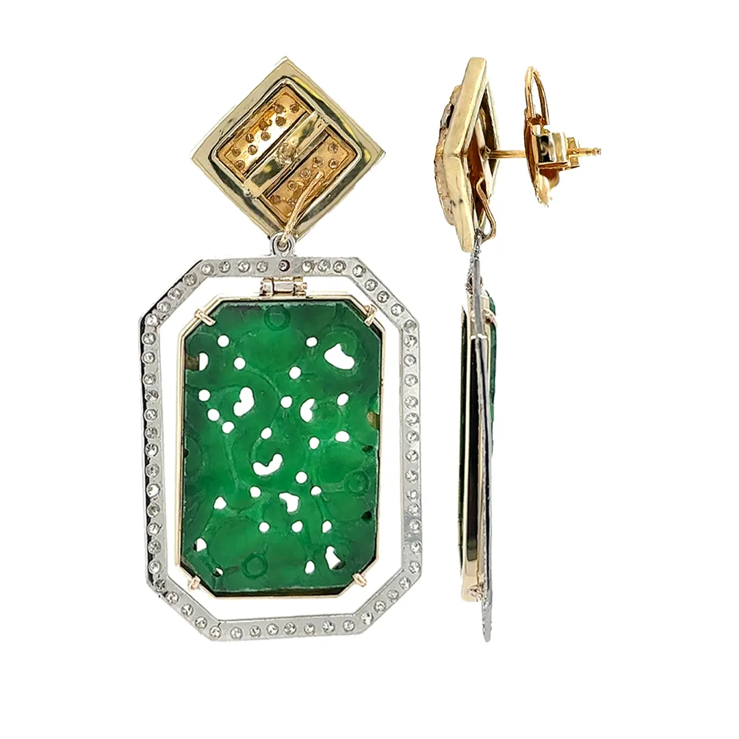 Carved Jade and Diamonds Pendulum Earring Pendants