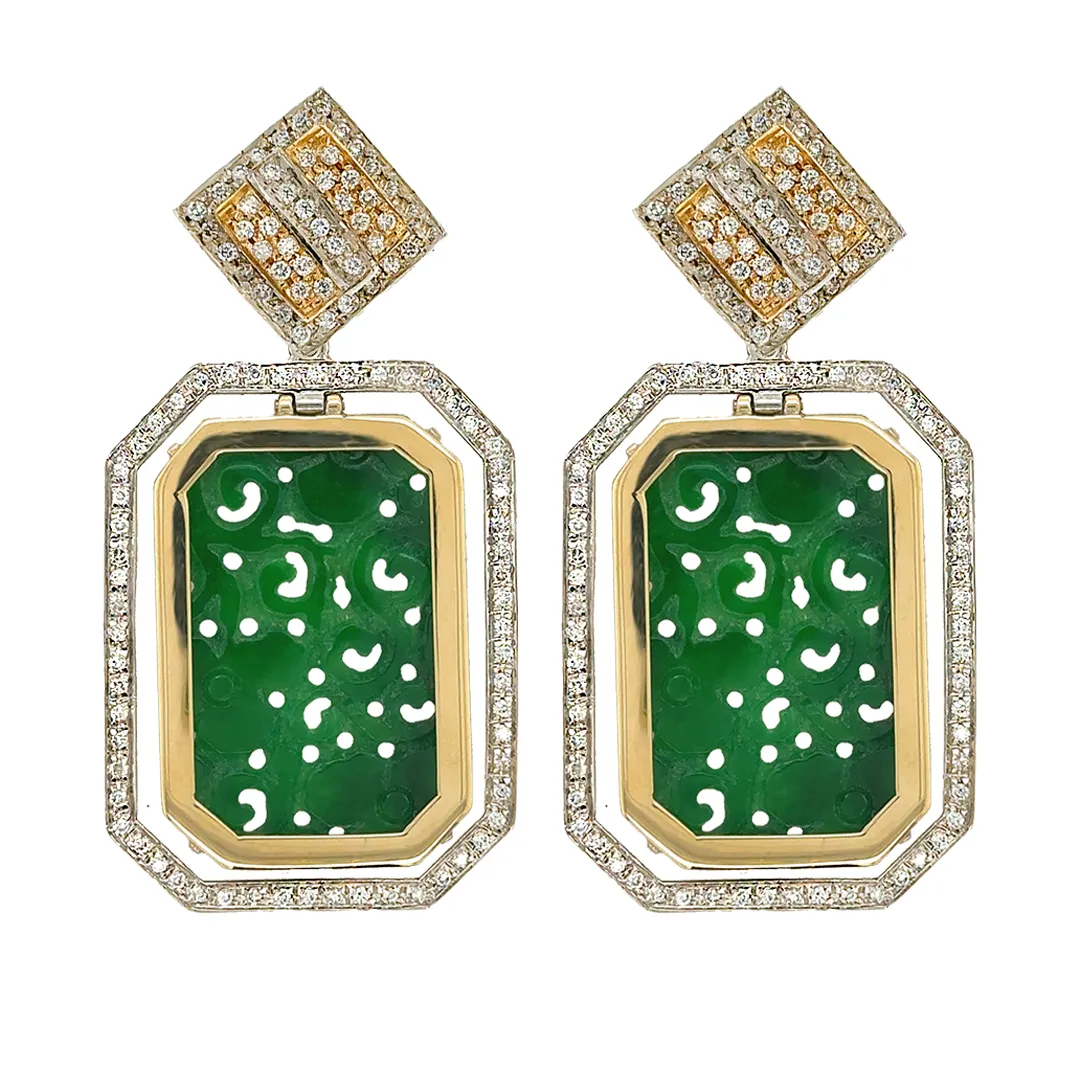 Carved Jade and Diamonds Pendulum Earring Pendants