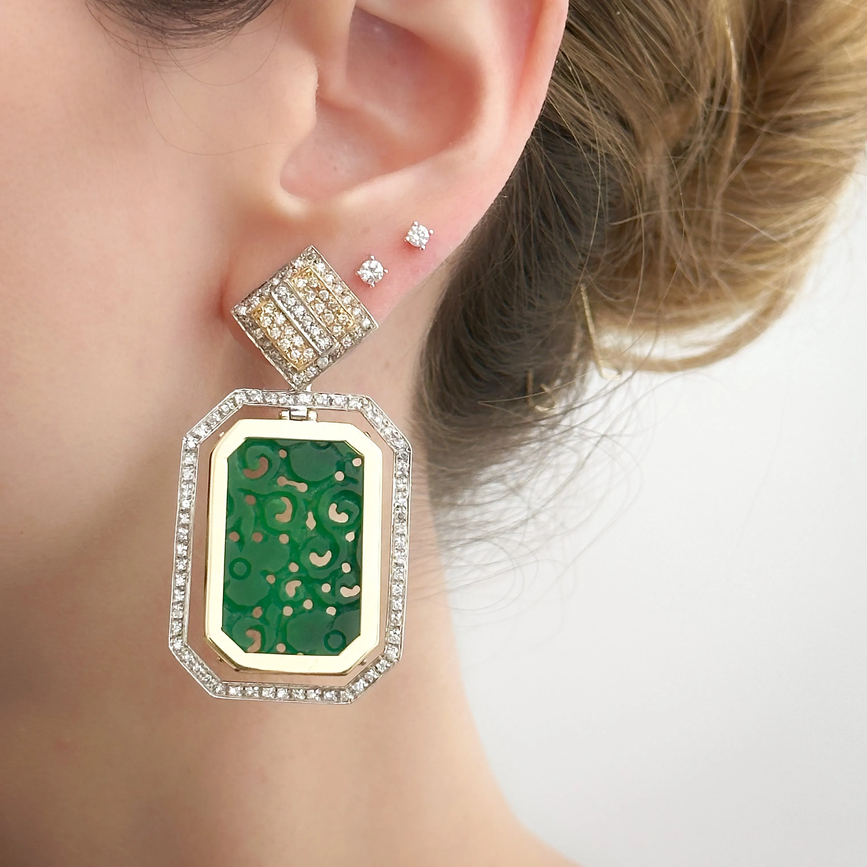 Carved Jade and Diamonds Pendulum Earring Pendants