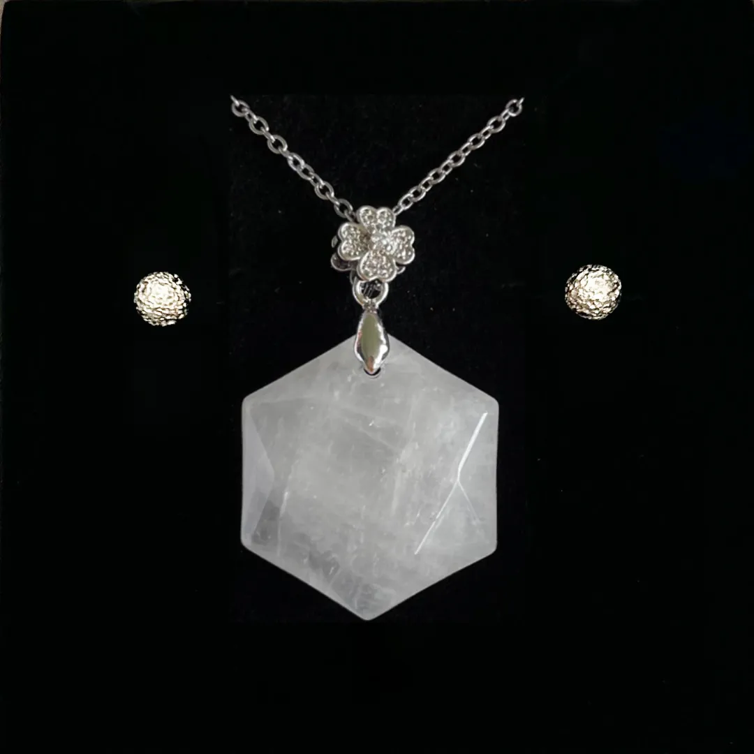 CLEAR QUARTZ HEXAGON PENDANT ONLY - FREE CHAIN & EARRINGS