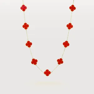 Coral Four Leaf Clover Necklace - 14k Yellow Gold