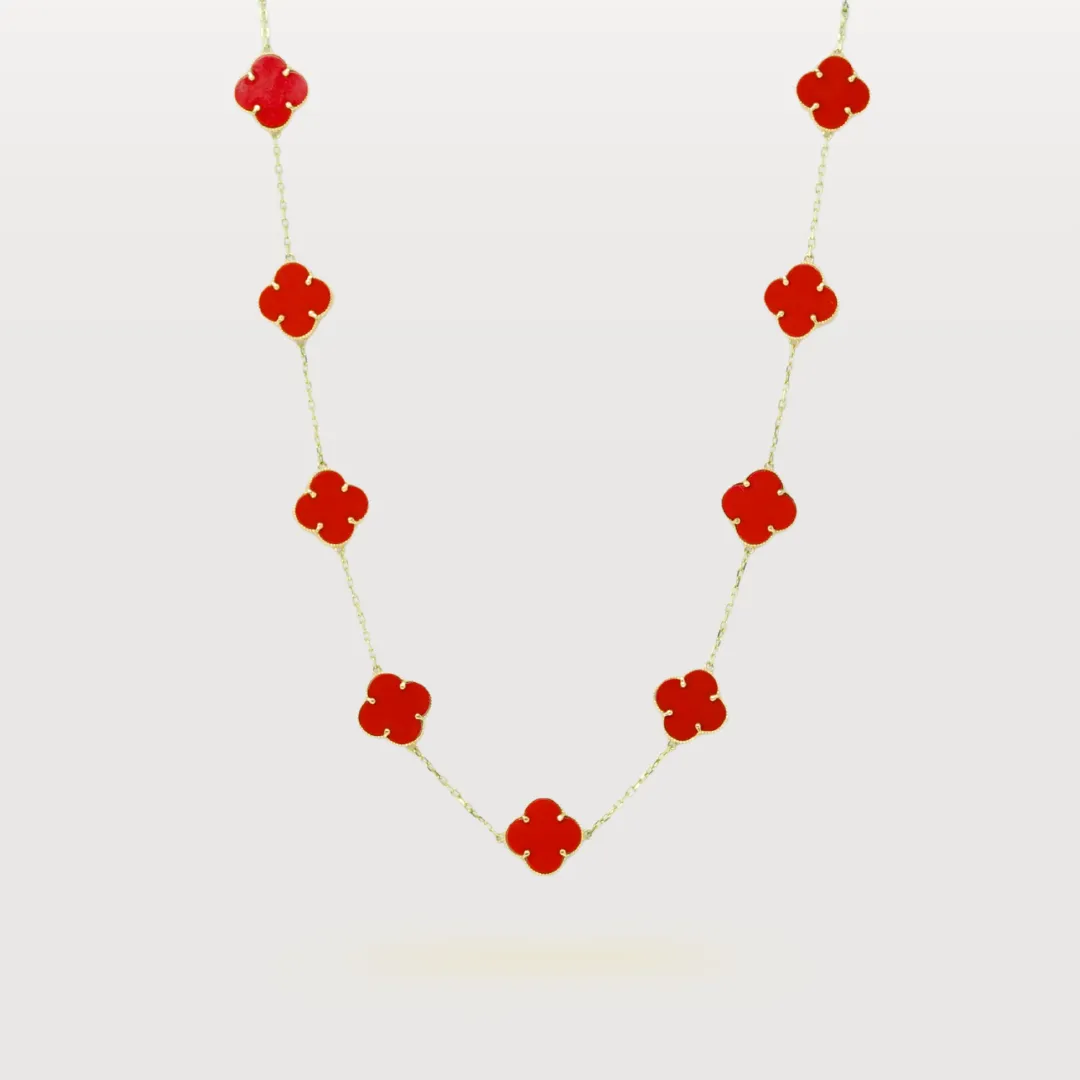Coral Four Leaf Clover Necklace - 14k Yellow Gold