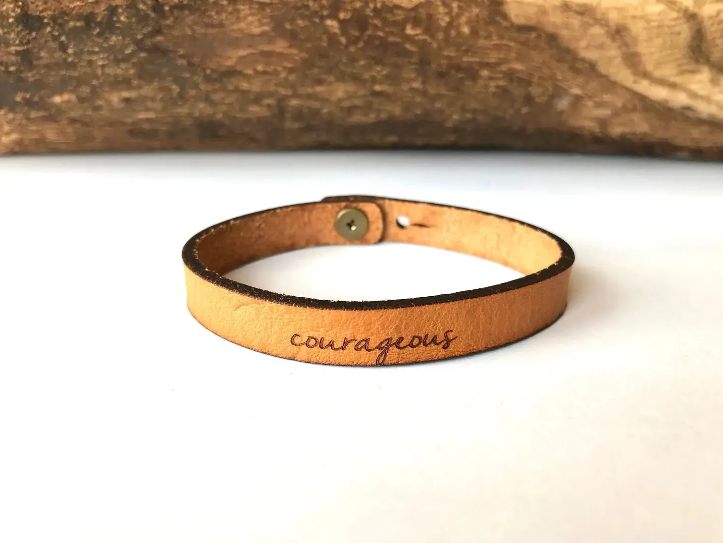 'Courageous' Engraved Leather Bracelet
