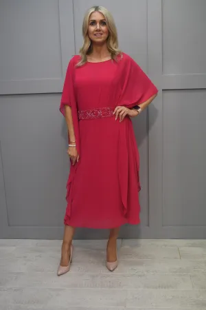 Couture Club Fuchsia Pink Dress With Cape Sleeve Diamanté In Center - 7G119GE