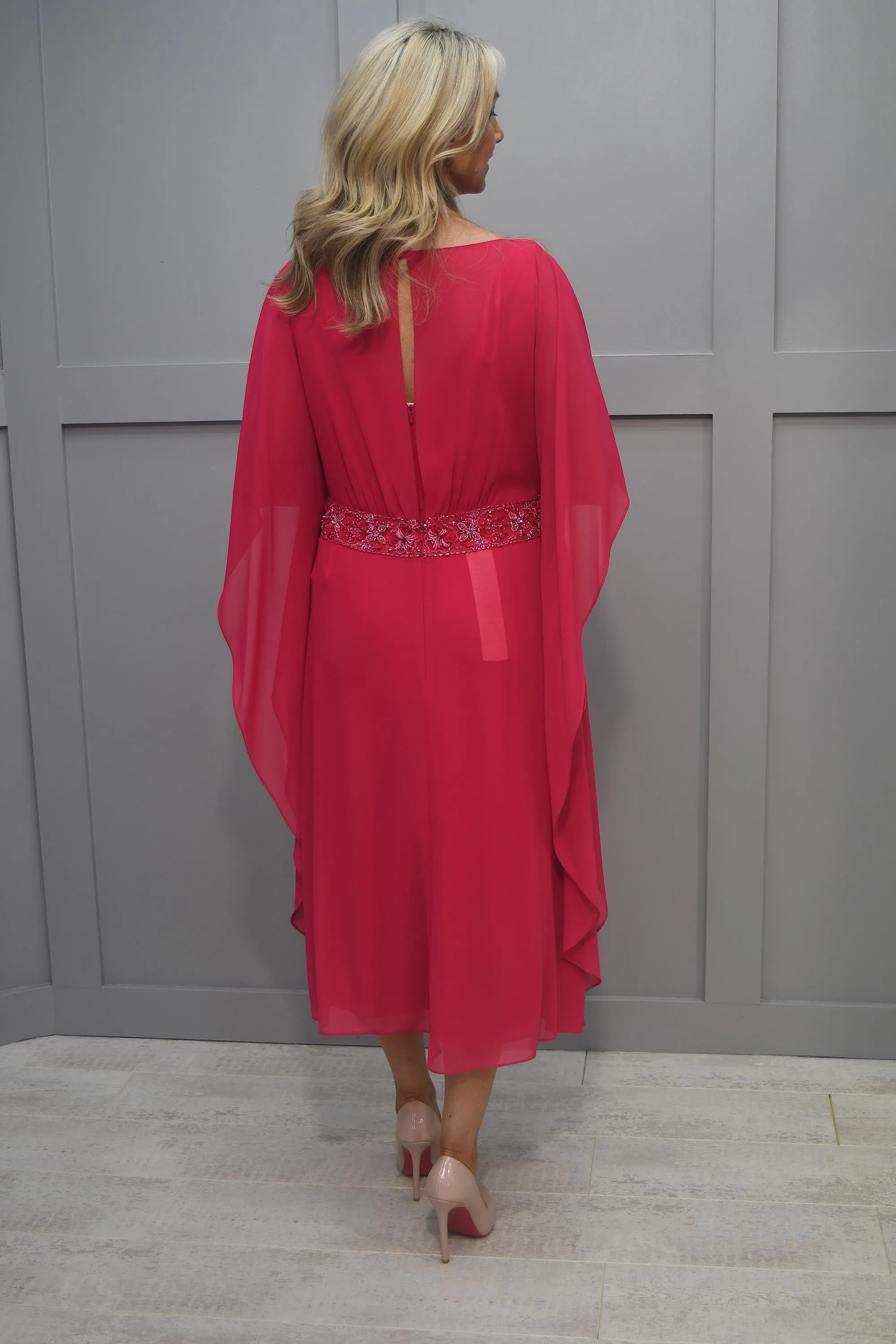 Couture Club Fuchsia Pink Dress With Cape Sleeve Diamanté In Center - 7G119GE
