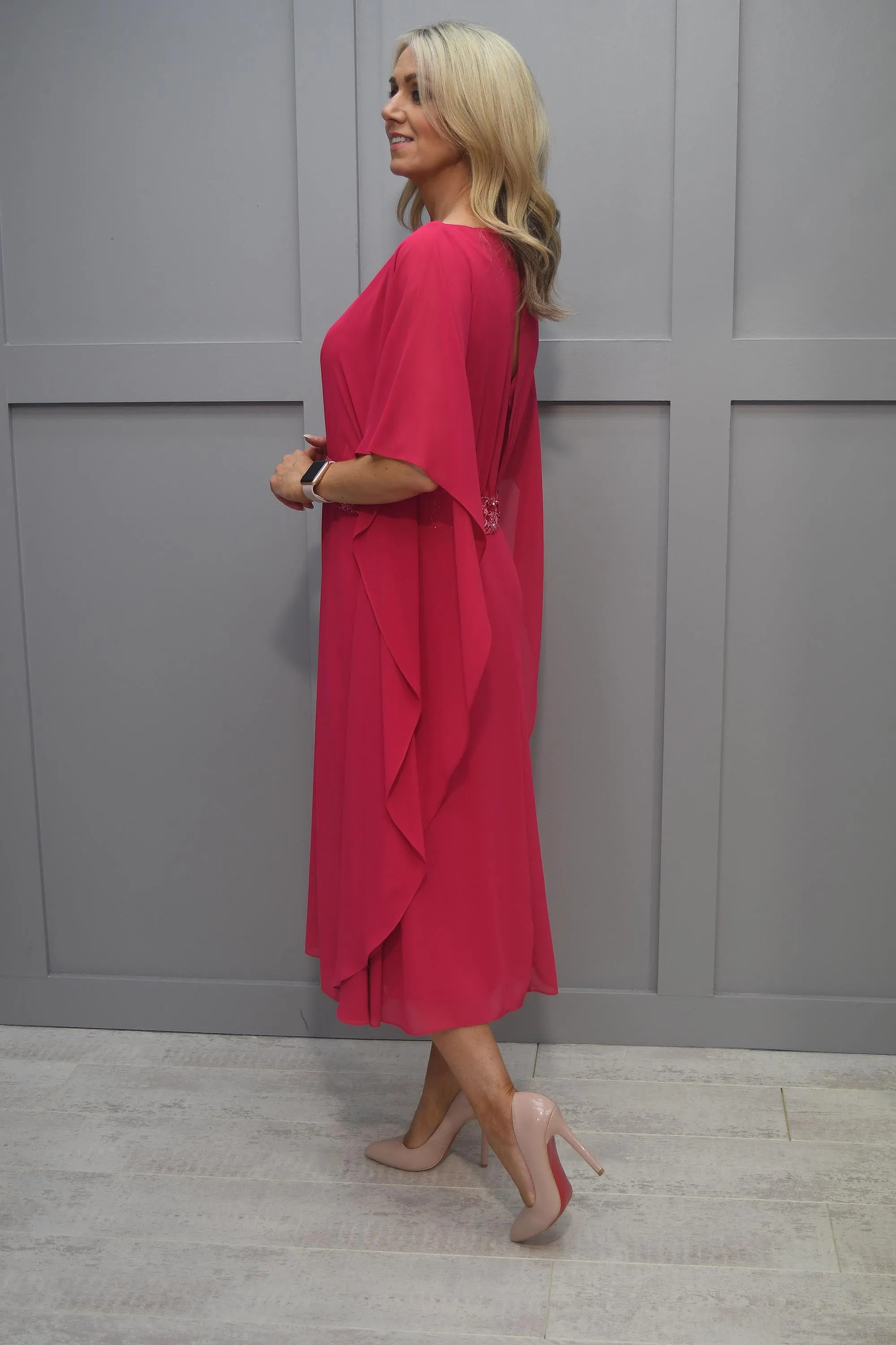 Couture Club Fuchsia Pink Dress With Cape Sleeve Diamanté In Center - 7G119GE