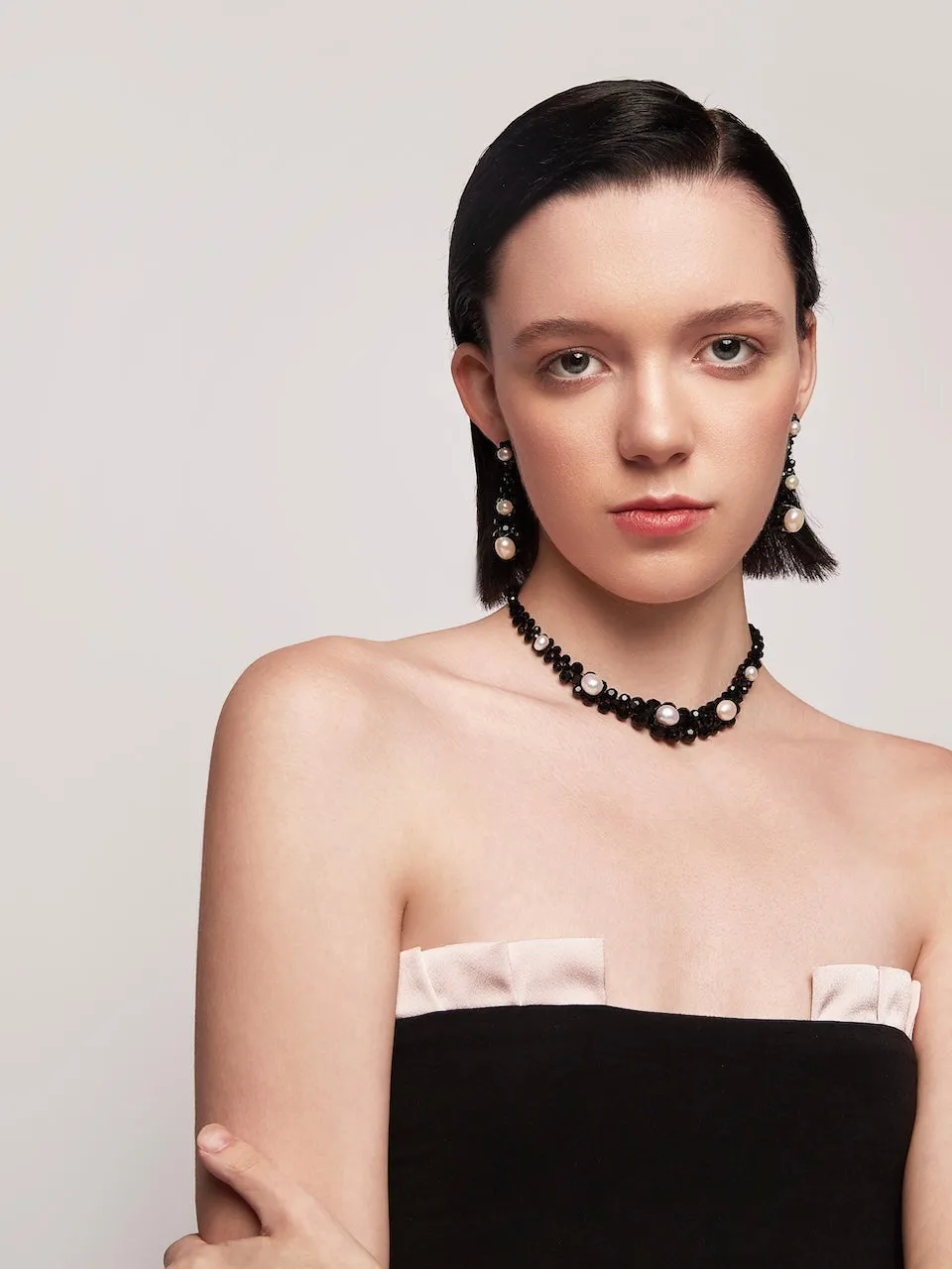 Crystal Beaded Baroque Pearl Necklace Black