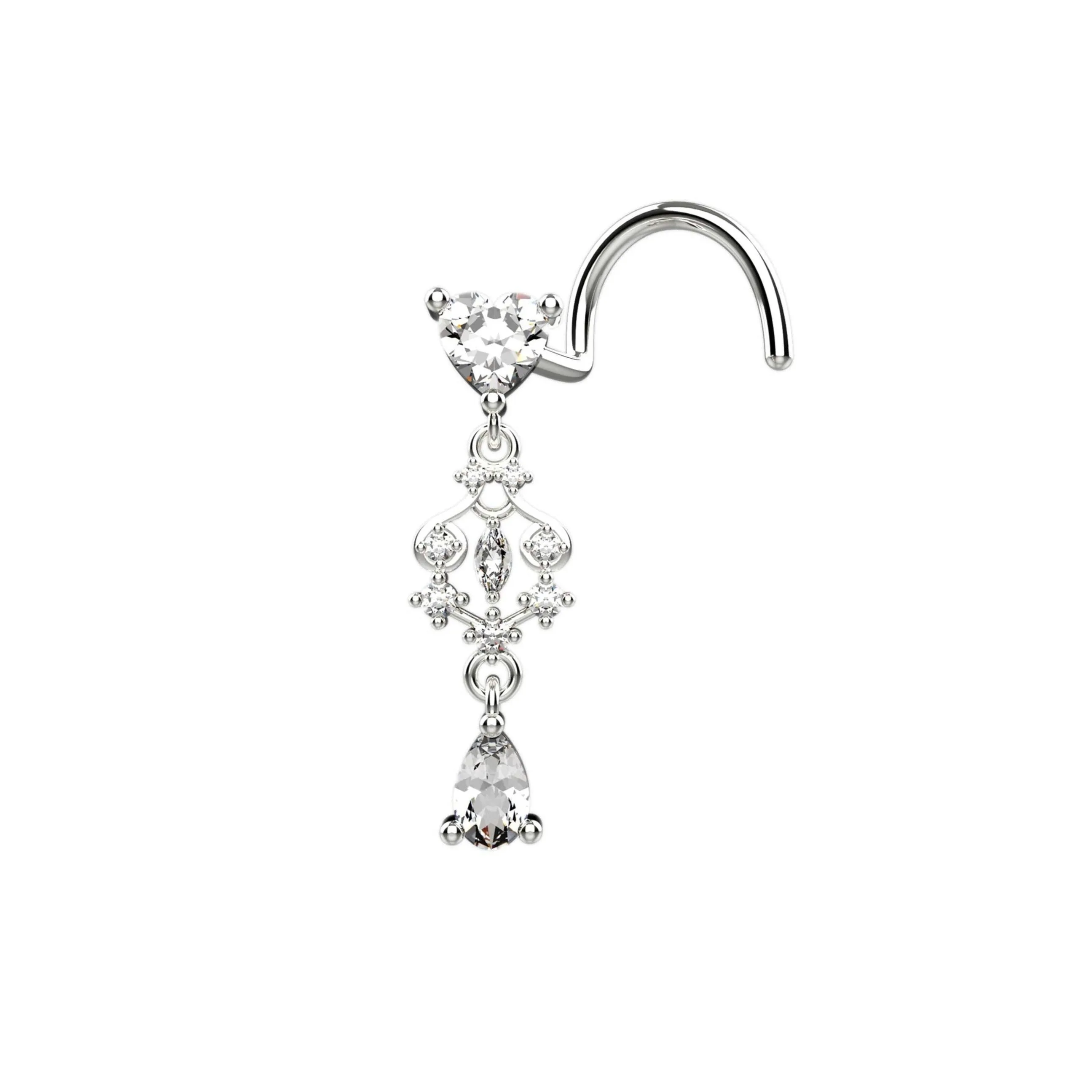 dangle nose stud & diamond nose ring – heart jewelry