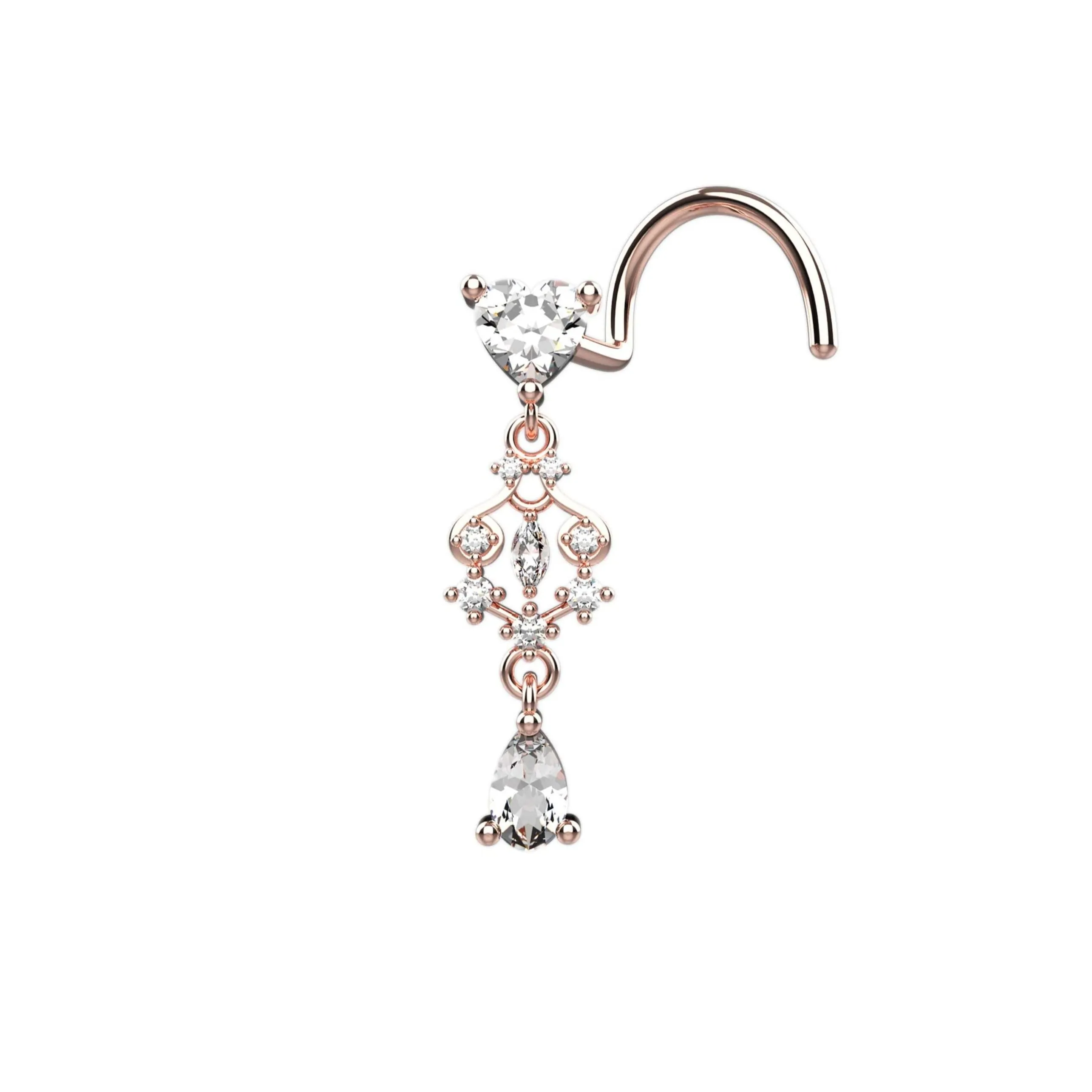 dangle nose stud & diamond nose ring – heart jewelry