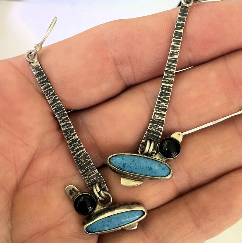Denim Lapiz and Black Onyx Sterling Silver Earrings