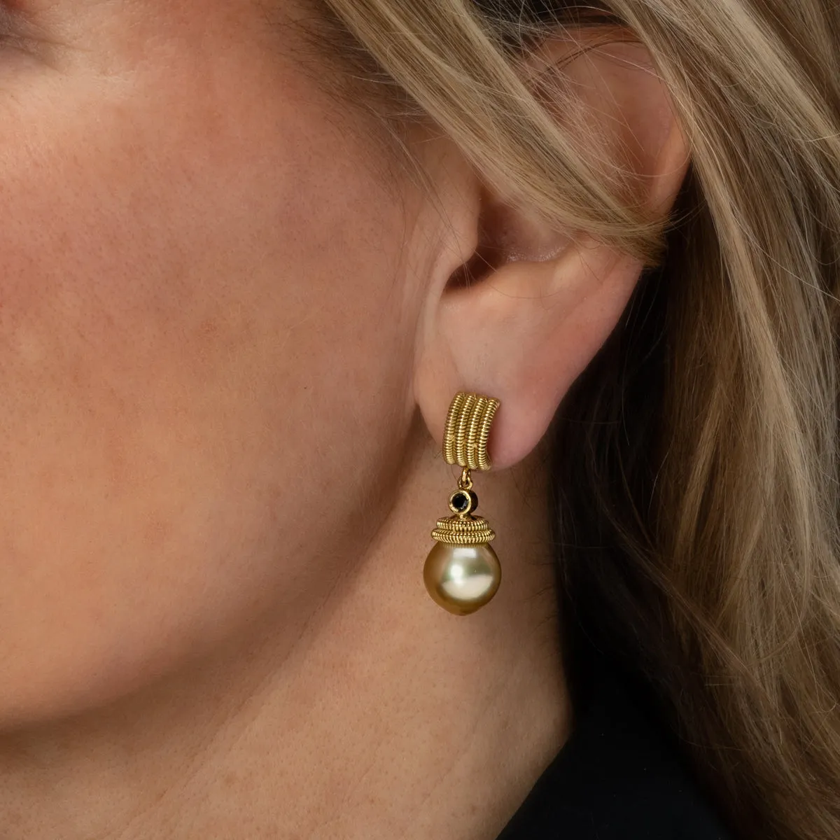 Diamond Coil Earrings with Tahitian and Gold Pearls