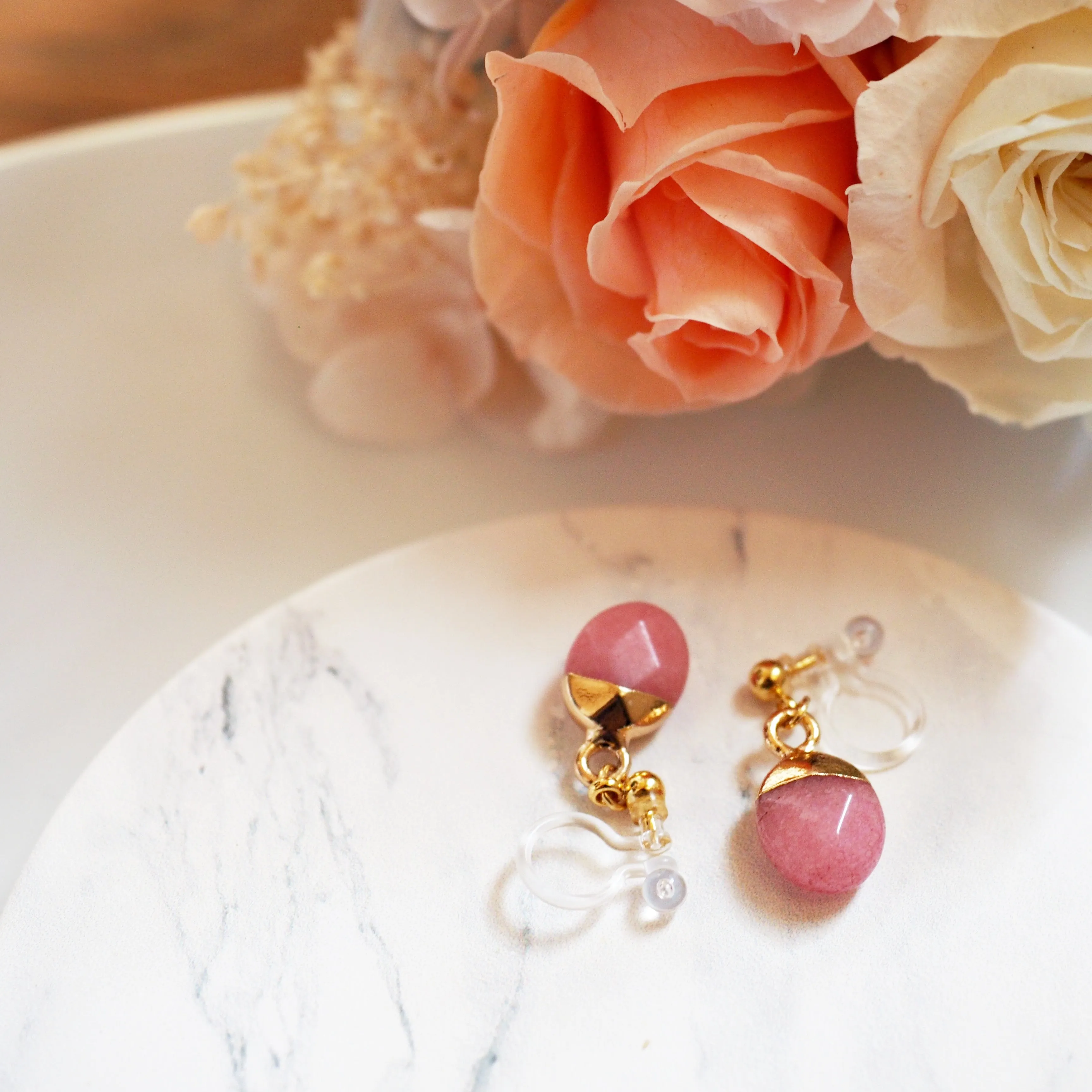 Drop Rose Quartz Invisible Clip On Earrings