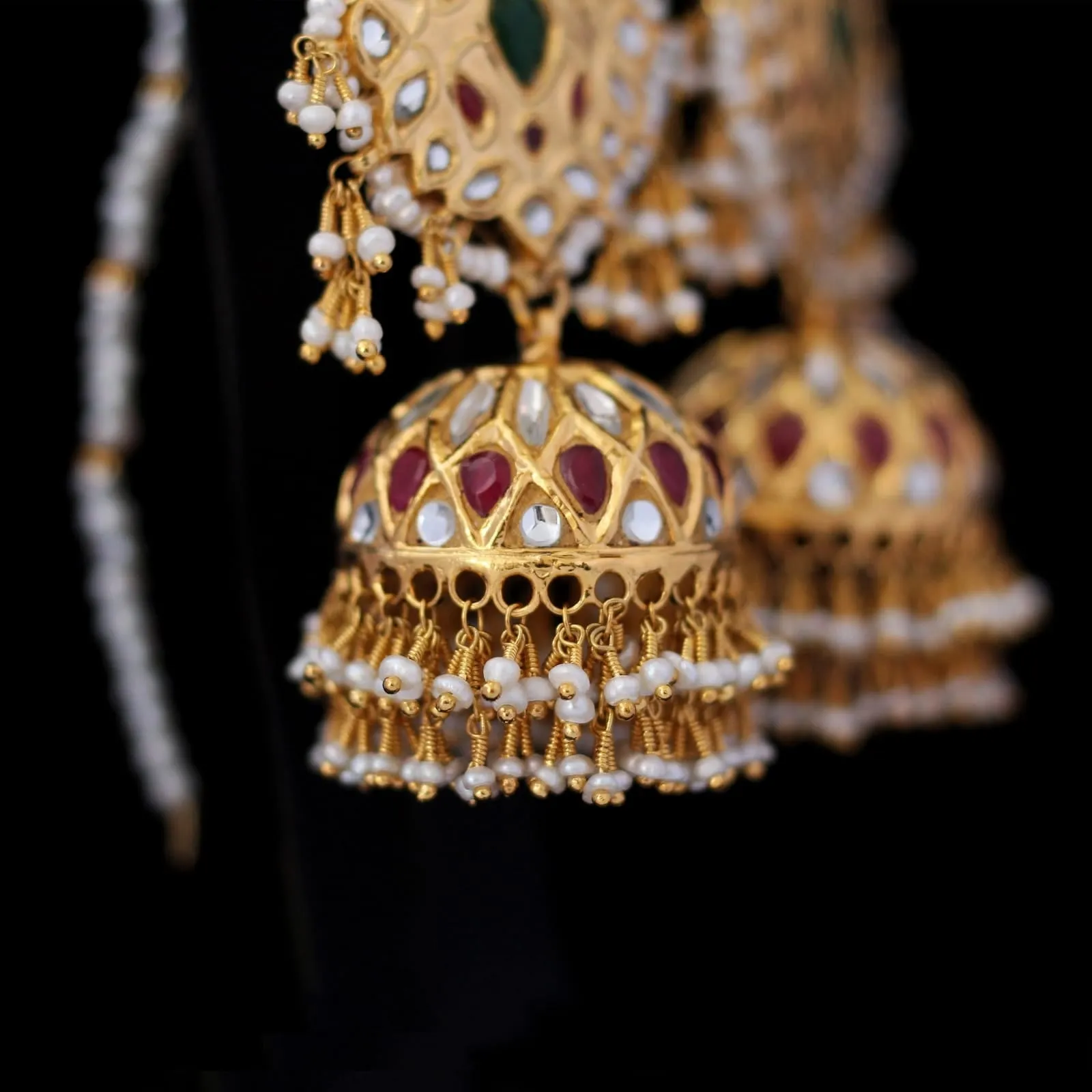 Earrings in Jade, Chetum. Kundan and Pearls
