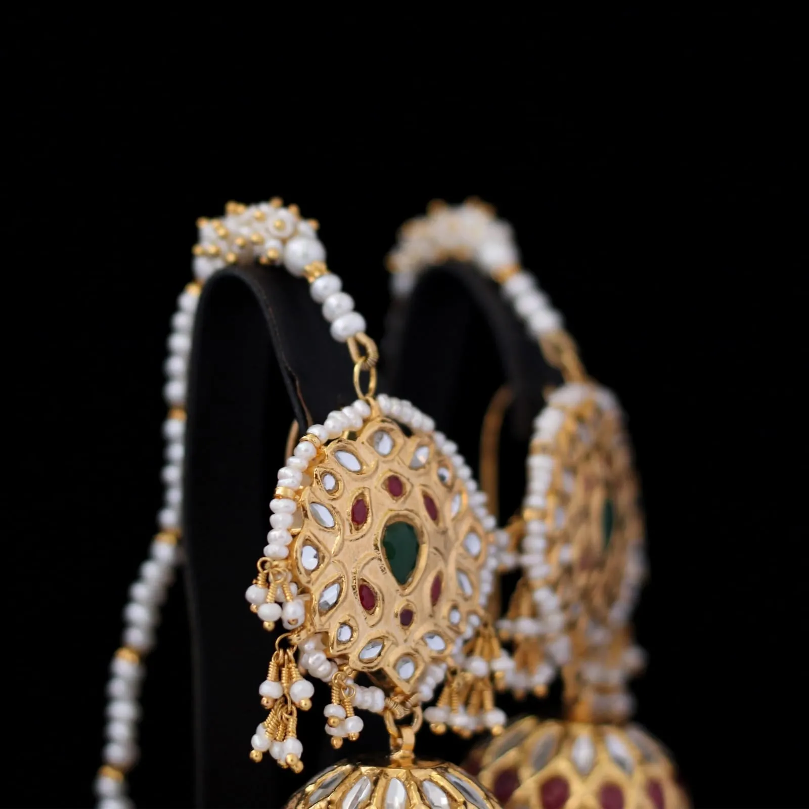 Earrings in Jade, Chetum. Kundan and Pearls