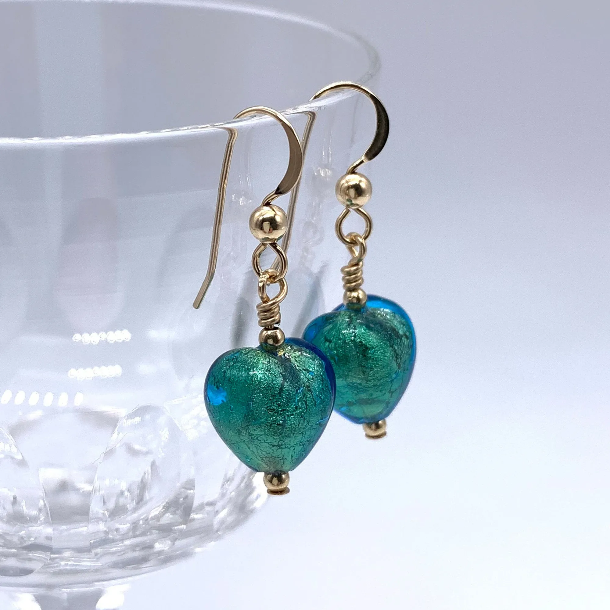 Earrings with sea green (jade, teal) Murano glass mini heart drops on silver or gold hooks