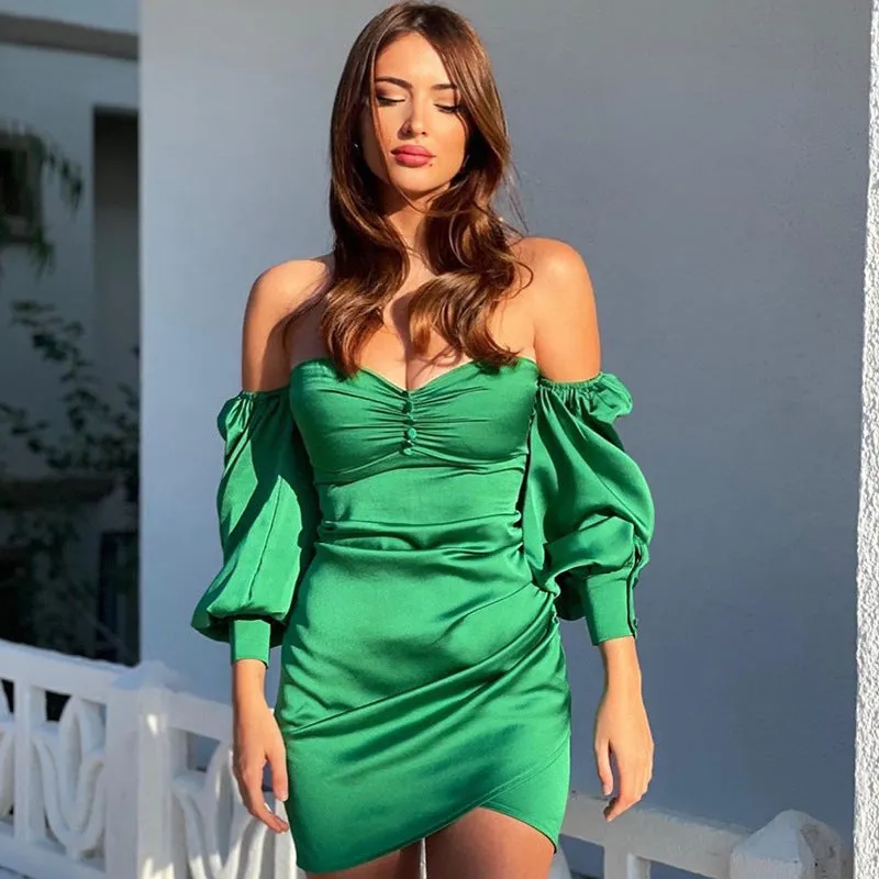 Elyssa Satin Ruffle Mini Dress - Emerald
