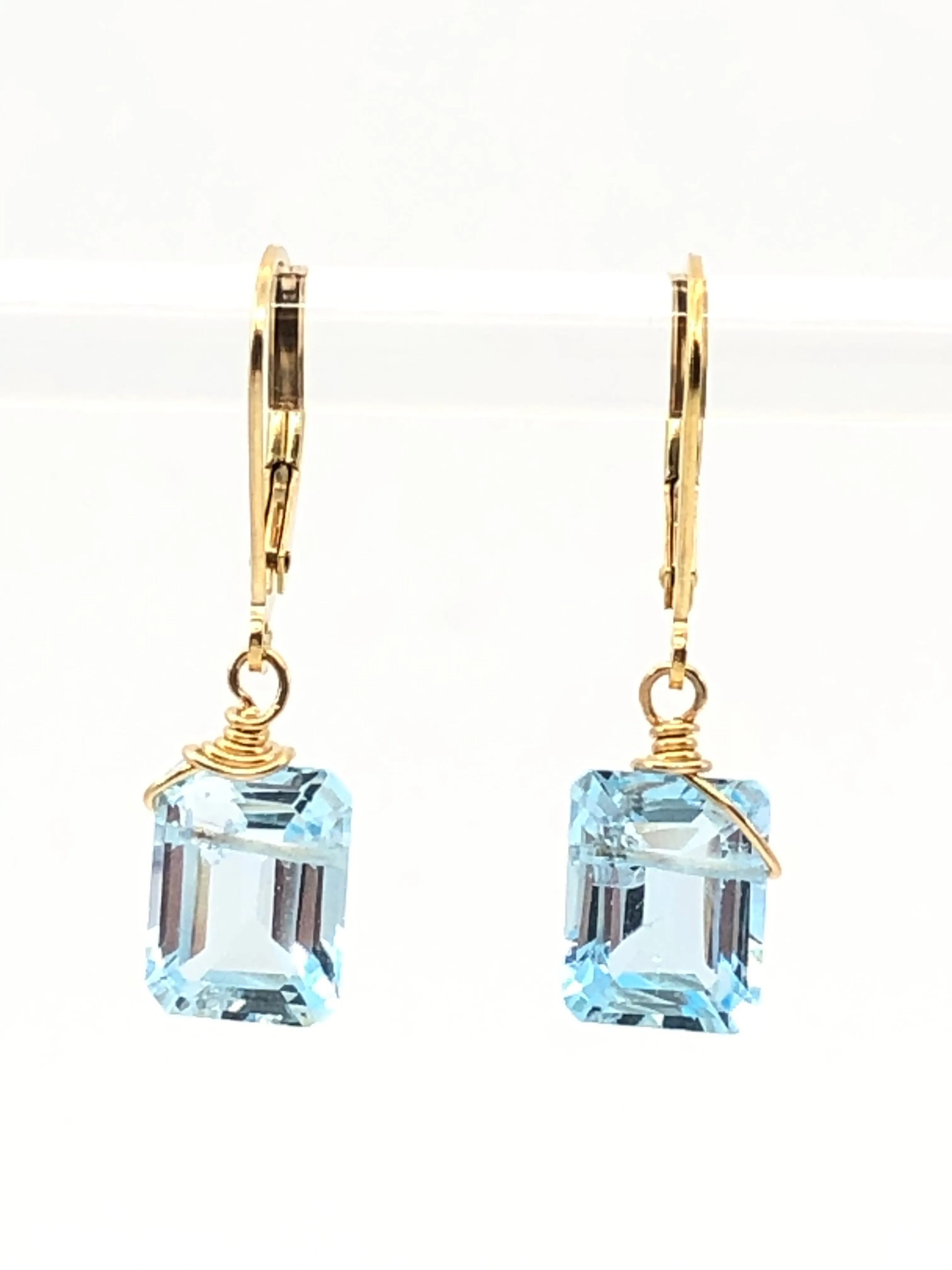 Emerald cut Blue Topaz earrings gold fill