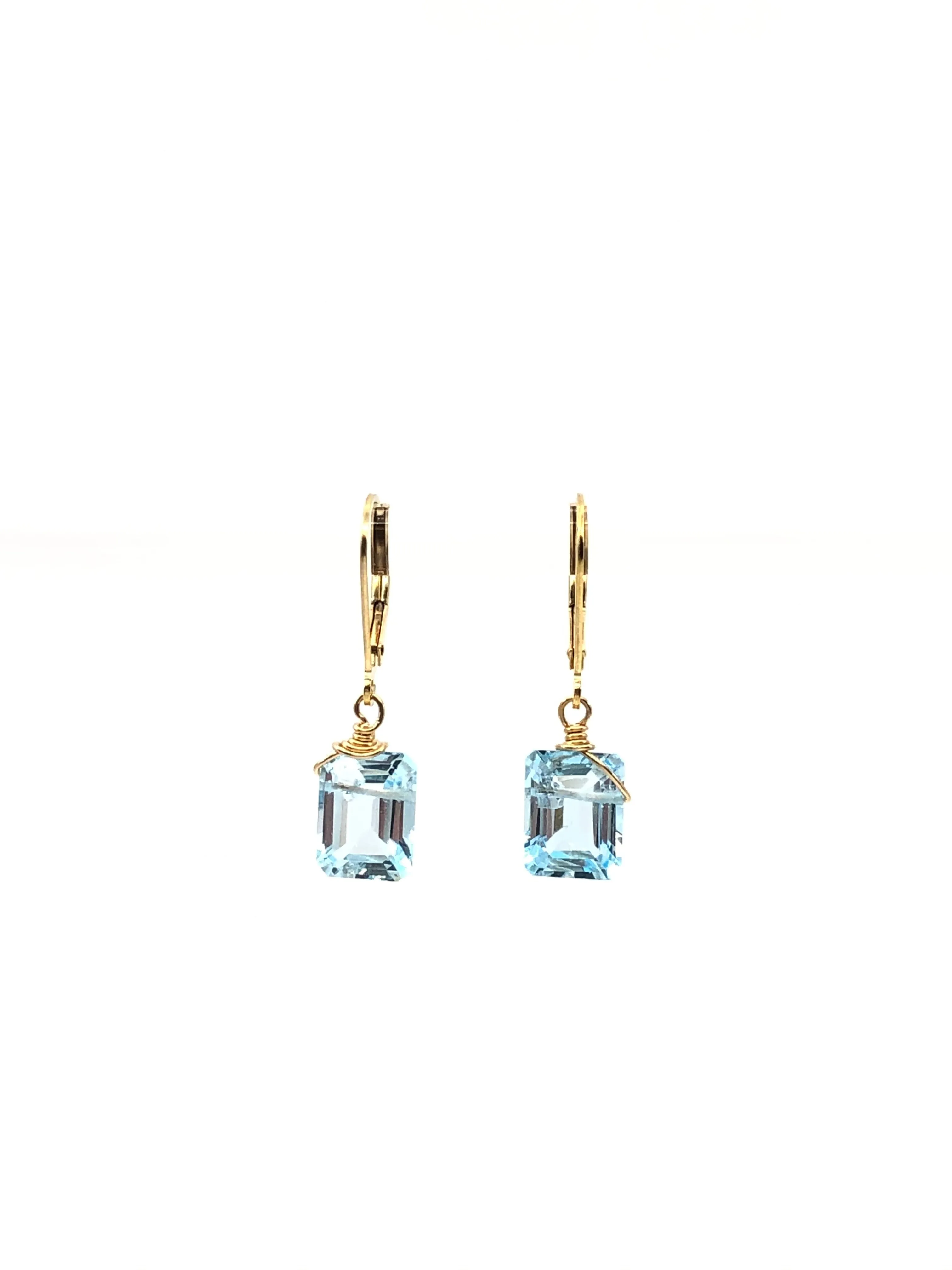 Emerald cut Blue Topaz earrings gold fill