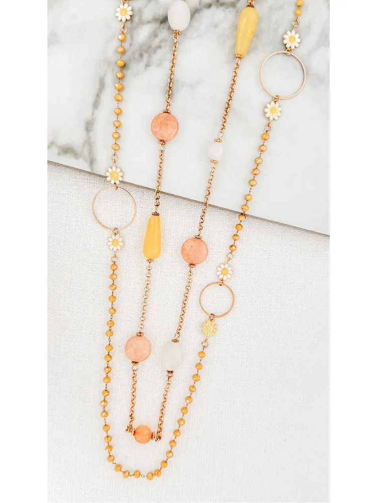 Envy Two Chain Pink and Yellow Beaded Necklace with Flower Beads