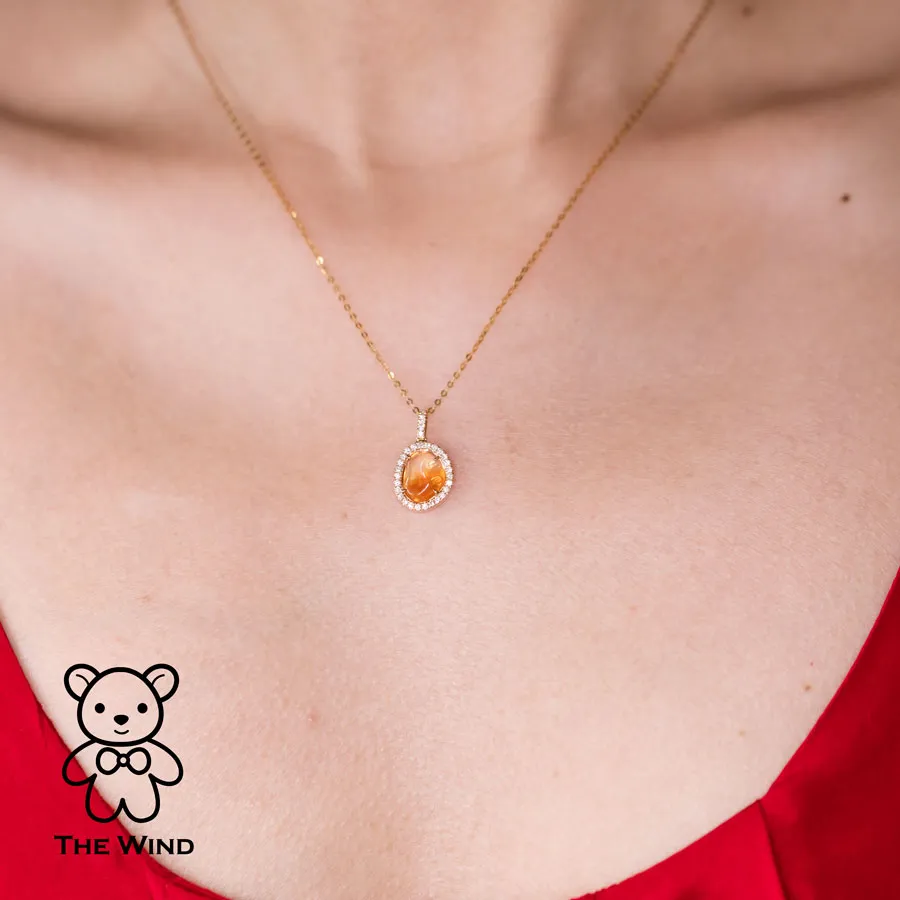 Extremely Rare Two Side Fire Opal Halo Diamond Sapphire Necklace 18K Yellow Gold