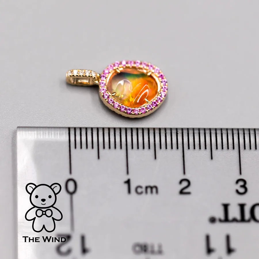 Extremely Rare Two Side Fire Opal Halo Diamond Sapphire Necklace 18K Yellow Gold
