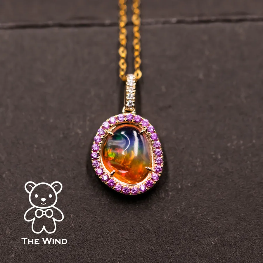 Extremely Rare Two Side Fire Opal Halo Diamond Sapphire Necklace 18K Yellow Gold