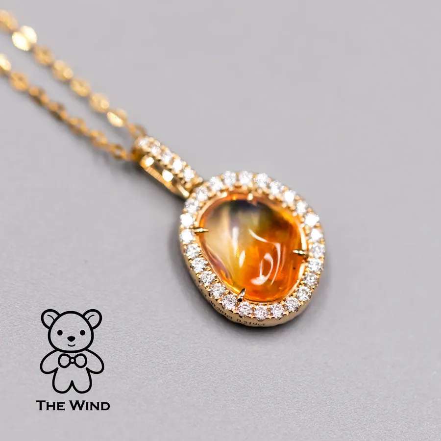 Extremely Rare Two Side Fire Opal Halo Diamond Sapphire Necklace 18K Yellow Gold