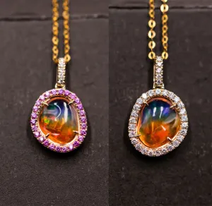 Extremely Rare Two Side Fire Opal Halo Diamond Sapphire Necklace 18K Yellow Gold