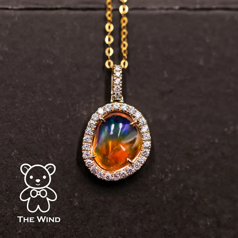 Extremely Rare Two Side Fire Opal Halo Diamond Sapphire Necklace 18K Yellow Gold