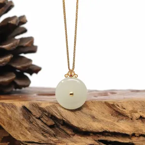 Genuine White Nephrite Jade Lucky Kou Kou Pendant Necklace With 18k Gold Bail