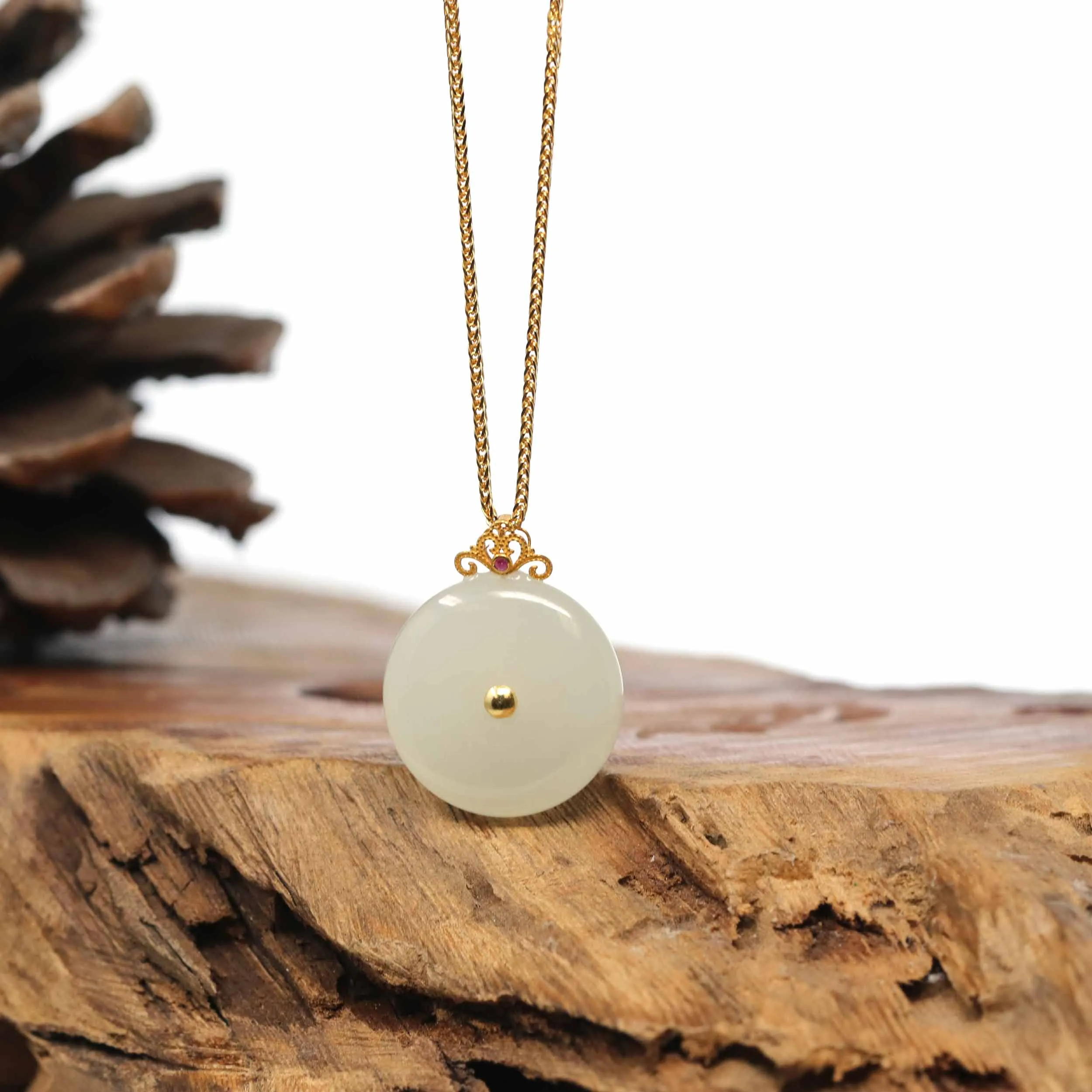 Genuine White Nephrite Jade Lucky Kou Kou Pendant Necklace With 18k Gold Bail