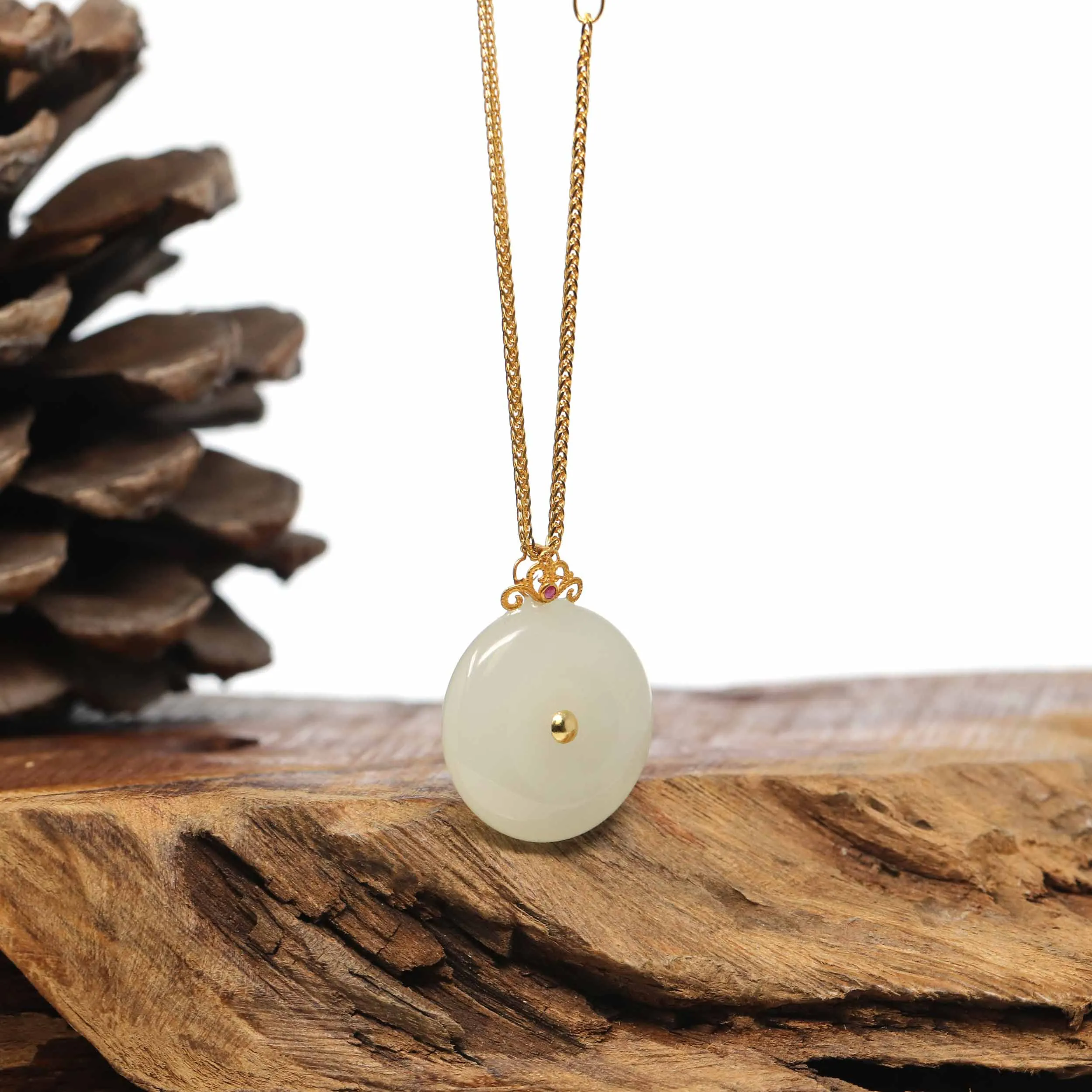 Genuine White Nephrite Jade Lucky Kou Kou Pendant Necklace With 18k Gold Bail