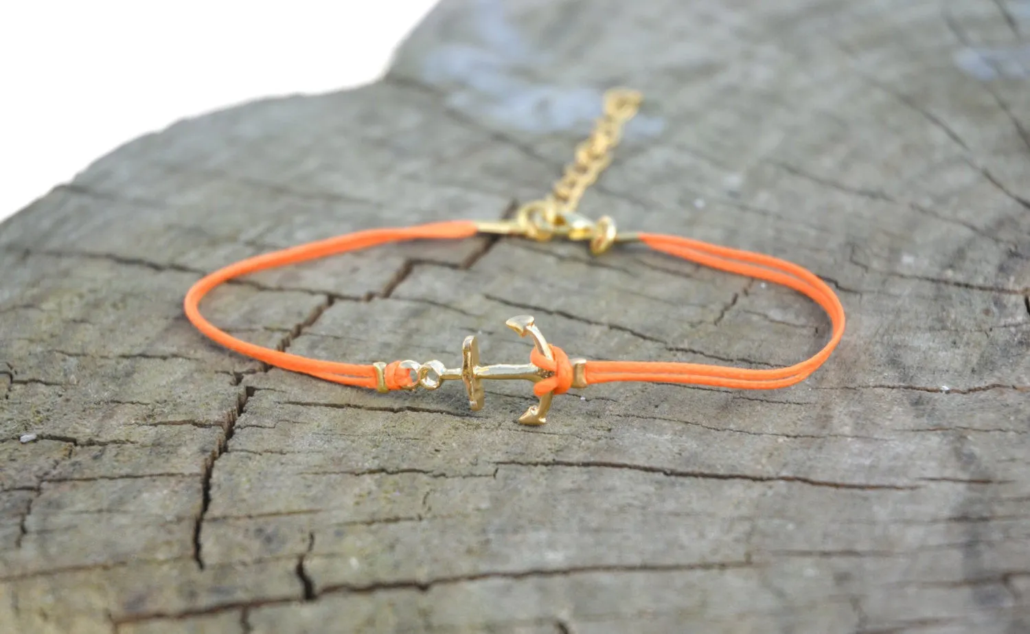 Gold anchor bracelet, orange string, gift for her