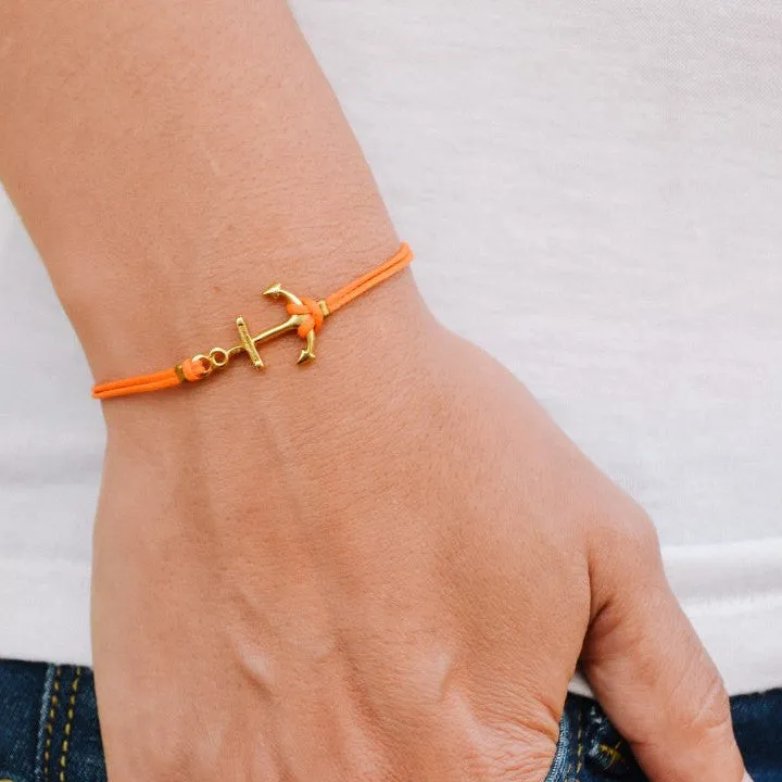 Gold anchor bracelet, orange string, gift for her