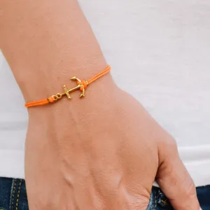 Gold anchor bracelet, orange string, gift for her