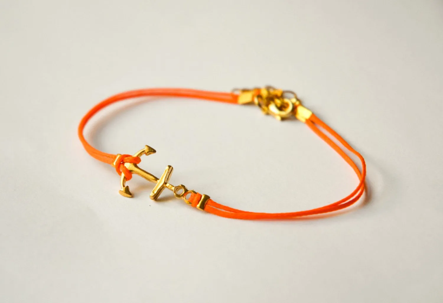 Gold anchor bracelet, orange string, gift for her