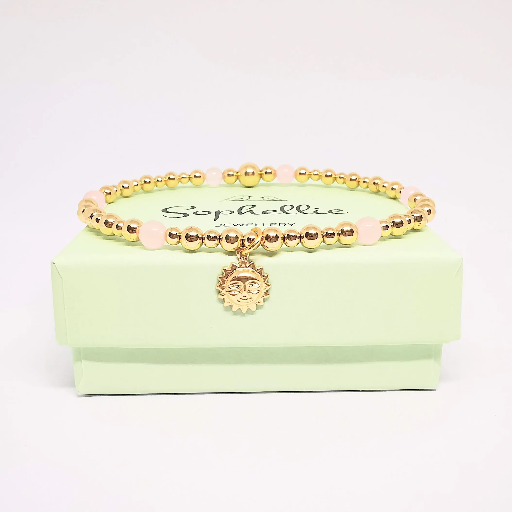 Gold and Rose Quartz Bead Bracelet with Sun Pendant