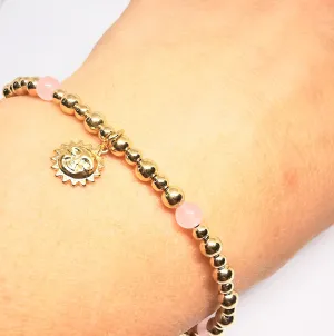 Gold and Rose Quartz Bead Bracelet with Sun Pendant